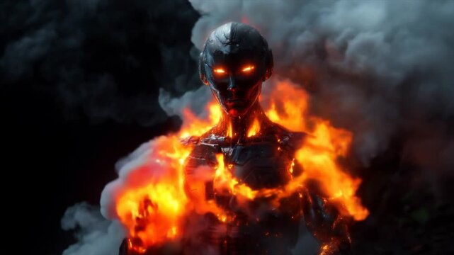 Futuristic Robot Burning in Intense Fire with Explosive Flames on Dark Background