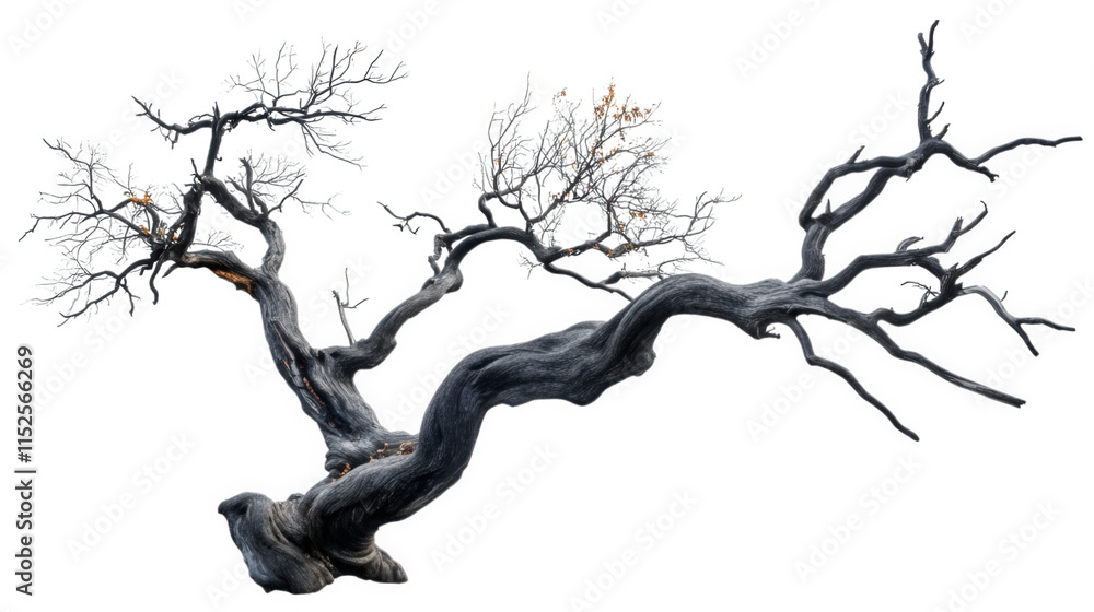 Poster a gnarled. dead tree with twisted branches reaching out against a transparent background the bark is