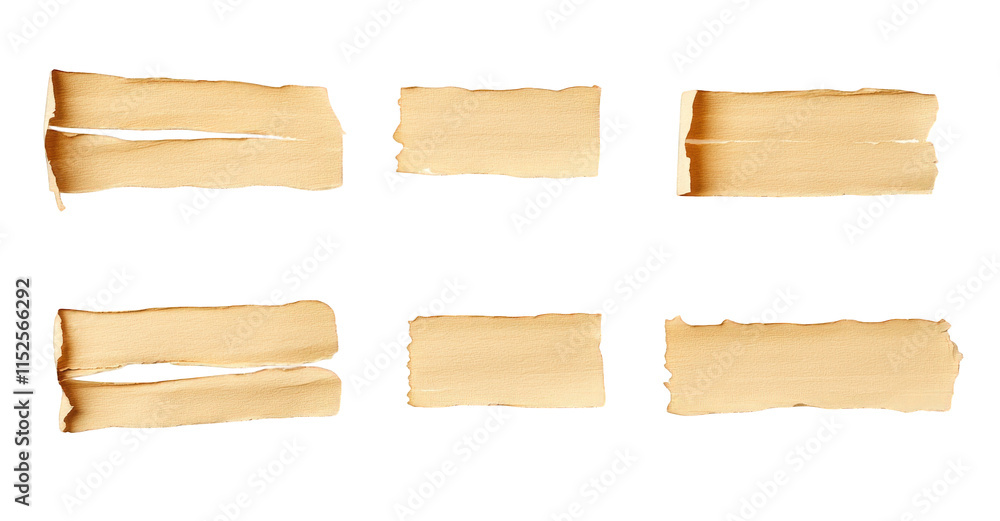 Poster six torn pieces of brown paper on a transparent background the paper pieces are all different shapes