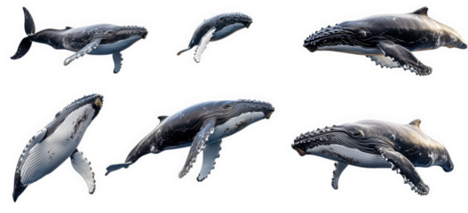 six humpback whales in various poses isolated on transparent background the whales are swimming. leaping. and diving they are all facing different directions