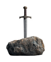 Ancient sword embedded in a rugged stone foundation. Isolated on transparent background, png.
