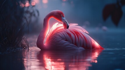 Glowing pink flamingo preening in twilight water.