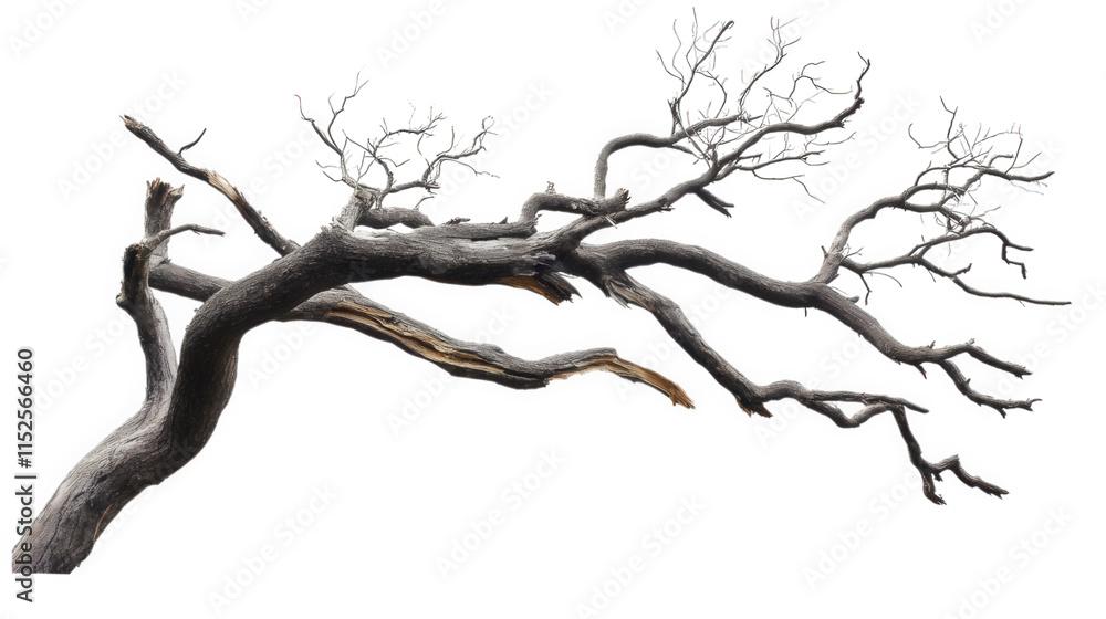 Poster a bare. gnarled tree branch with a textured. weathered bark against a transparent background