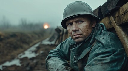 Obraz premium Close-up of a weathered soldier resting against wooden fortifications in a trench, with a battlefield background