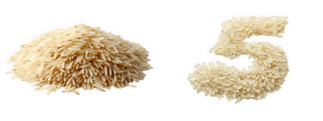 a pile of uncooked rice grains and the number 5 formed from the same grains