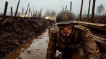 Naklejka premium Portrait of a soldier in a muddy trench during wartime, staring intensely at the camera, under harsh weather