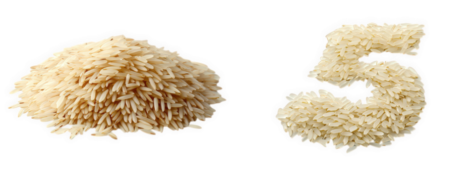 a pile of uncooked rice grains and the number 5 formed from the same grains