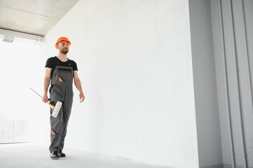 Young cheerful professional painter with paint roller in hands. Repair concept