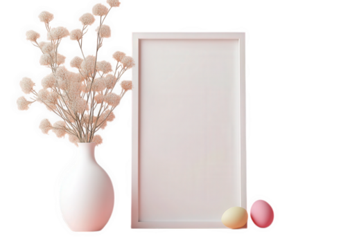 a white picture frame. a vase of white flowers. and two easter eggs on a pink table against a coral wall