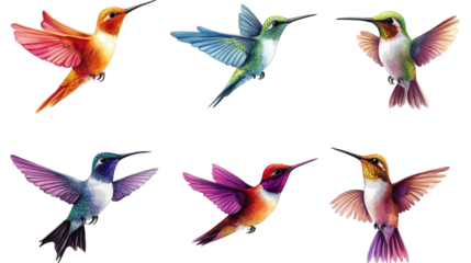 six vibrant hummingbirds in flight. showcasing a variety of colorful plumage each bird is depicted with intricate detail. highlighting their delicate features