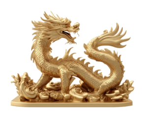 Chinese dragon statue in gold color standing showcasing intricate design details and powerful posture. Isolated on transparent background, png.