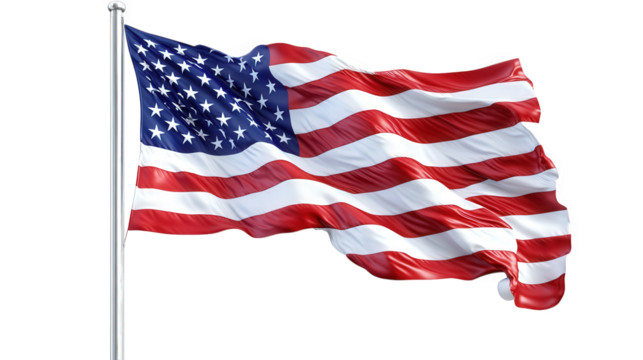 a waving american flag on a flagpole against a transparent background the flag is in focus and the background is blurred