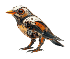 Mechanical bird with intricate details showcasing a fusion of art and technology in a contemporary setting. Isolated on transparent background, png.