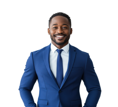 Smiling confident businessman in a navy blue suit with arms crossed, professional portrait for corporate leadership, success, and business career concepts isolated on transparent background