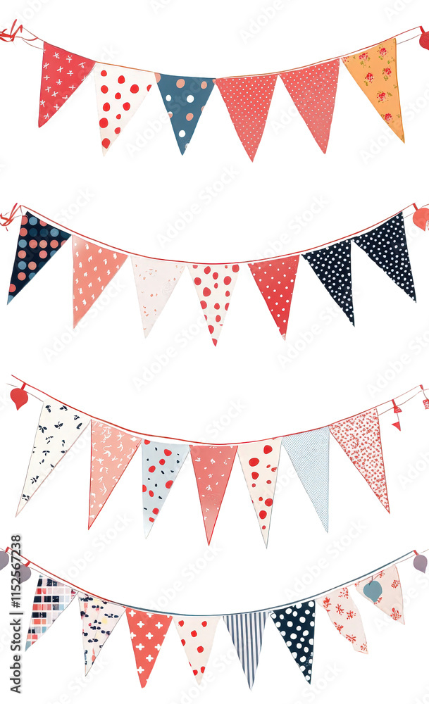 Aufkleber three strings of colorful triangular bunting flags with different patterns hanging against a transpa