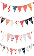 Fototapeta premium three strings of colorful triangular bunting flags with different patterns hanging against a transparent background the flags are made of fabric and have a festive. cheerful appearance they are perfec