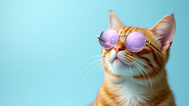 Trendy ginger cat wearing sunglasses on a turquoise background