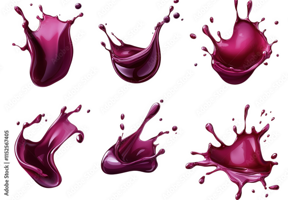 Poster a collection of six isolated red liquid splashes in various shapes and sizes against a transparent b