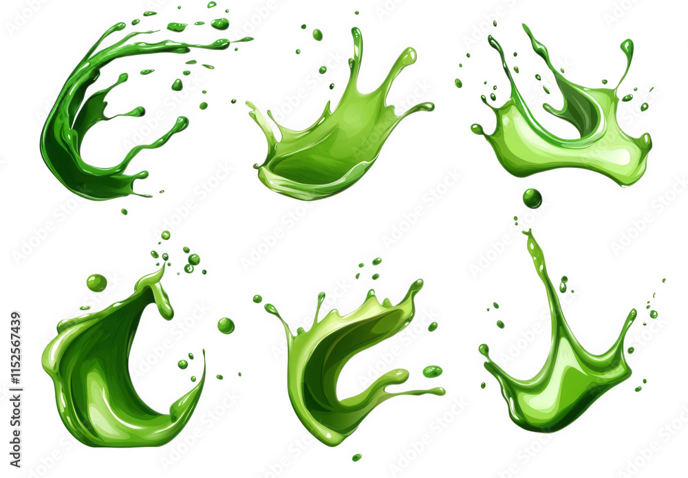 Poster a set of six realistic green liquid splashes isolated on a transparent background they are different
