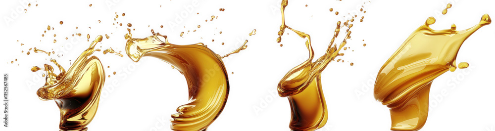 Poster three golden liquid splashes in different shapes. isolated on a transparent background the first spl