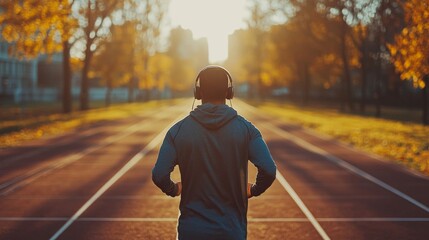 Obraz premium Man Running Track Headphones Autumn Sunlight