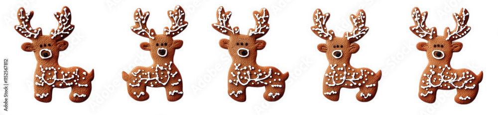 Poster five gingerbread reindeer cookies with white icing and sprinkles arranged in a row on a transparent 