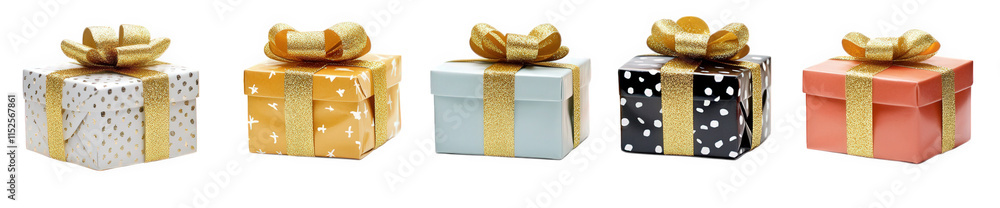 Poster five small gift boxes with gold ribbon bows and different colored wrapping paper the boxes are arran