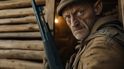 Portrait of an older soldier holding a rifle in a rustic wooden shelter