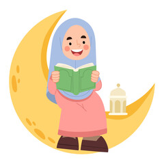 Illustration of girl reading a book on the crescent moon