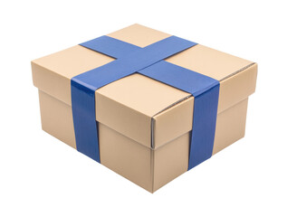 Obraz premium Beige gift box with blue ribbon bow, simple festive packaging design, elegant present wrap for celebrations, birthdays, and holidays isolated on transparent background