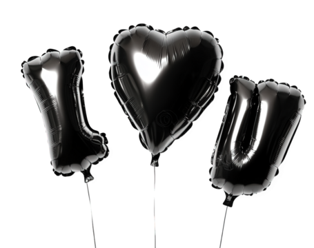 three black balloons spelling i love you against a transparent background the balloons are shiny and have a heart shape for the love portion