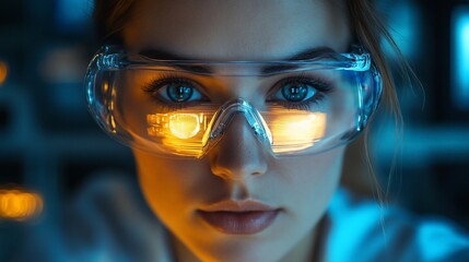 Focused female scientist in lab goggles, intense gaze.
