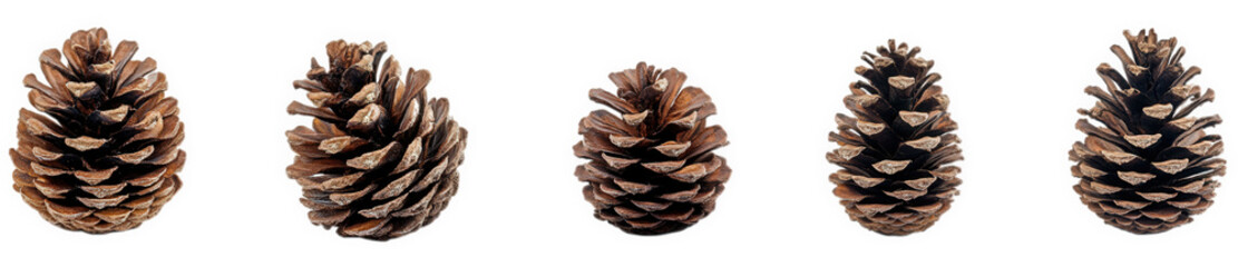 five pine cones isolated on a transparent background the cones are all closed and have a brown. woody texture they are arranged in a row from left to right