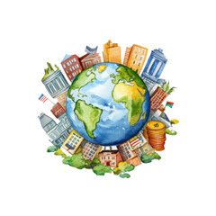 Naklejka premium Watercolor Globe Surrounded by Currency Symbols