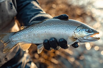 Obraz premium Fisherman holds caught trout.