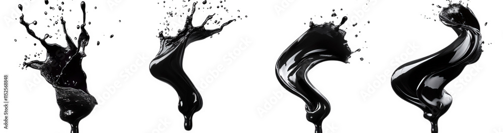 Poster four black liquid splashes isolated on a transparent background the splashes are different shapes an