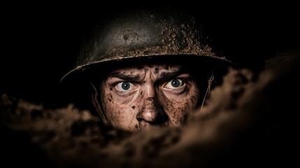Frightened soldier peering out of a trench in low lighting