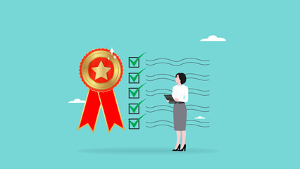 quality control concept vector illustration, businesswoman check product quality with set standard and quality icon. quality control or certified approval. product safety. guarantee checklist document