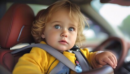 Young child in bright yellow sweatshirt seated in a stylish car, gazing curiously outside on a sunny day. Generative AI
