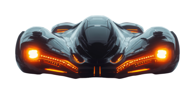 Futuristic black spaceship with glowing orange lights, advanced sci-fi spacecraft design for digital art, technology, and space exploration concepts isolated on transparent background