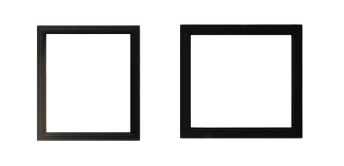 two black picture frames with empty white space hanging on a white wall the frames are different sizes and have a subtle. textured surface