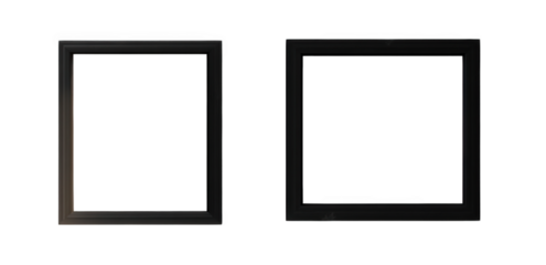 two black picture frames with empty white space hanging on a white wall the frames are different sizes and have a subtle. textured surface