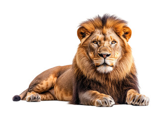 Majestic lion lying down, wild animal with thick golden mane, strong body, and piercing gaze, king of the jungle pose isolated on transparent background