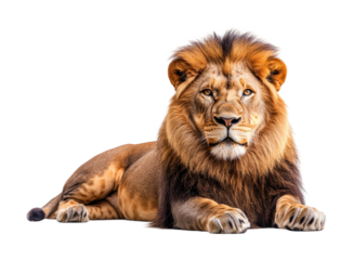 Majestic lion lying down, wild animal with thick golden mane, strong body, and piercing gaze, king of the jungle pose isolated on transparent background