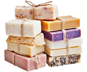 Artisan soap stack with natural ingredients tied with rope, isolated on a white background. A collection of handmade colorful artisanal soaps neatly stacked and tied with twine ropes, PNG isolated.