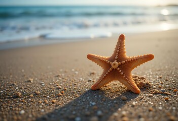 Orange Starfish on Sandy Beach Near Ocean Waves