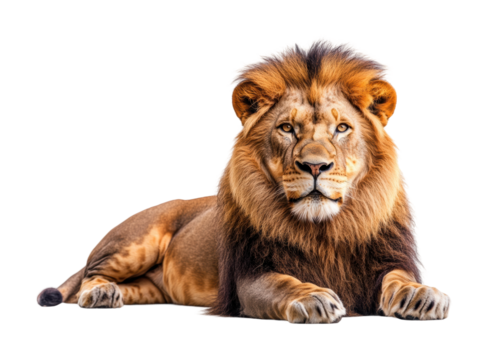 Majestic lion lying down, wild animal with thick golden mane, strong body, and piercing gaze, king of the jungle pose isolated on transparent background