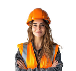 Woman in orange vest and hard hat confidently poses for a portrait in a construction setting. Isolated on transparent background, png.