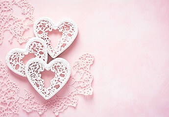 Fototapeta premium Romantic Pink Background with White Lace Hearts