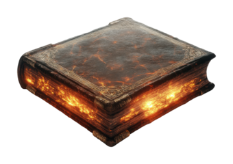 Ancient glowing enchanted book with fiery light emanating from pages, magical fantasy spellbook for stories, mystery, and mythology isolated on transparent background